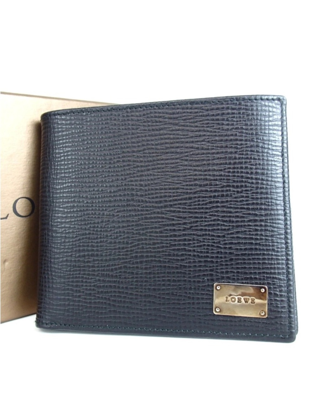 Loewe Black Textured Leather Bi-Fold Wallet with Gold Plaque